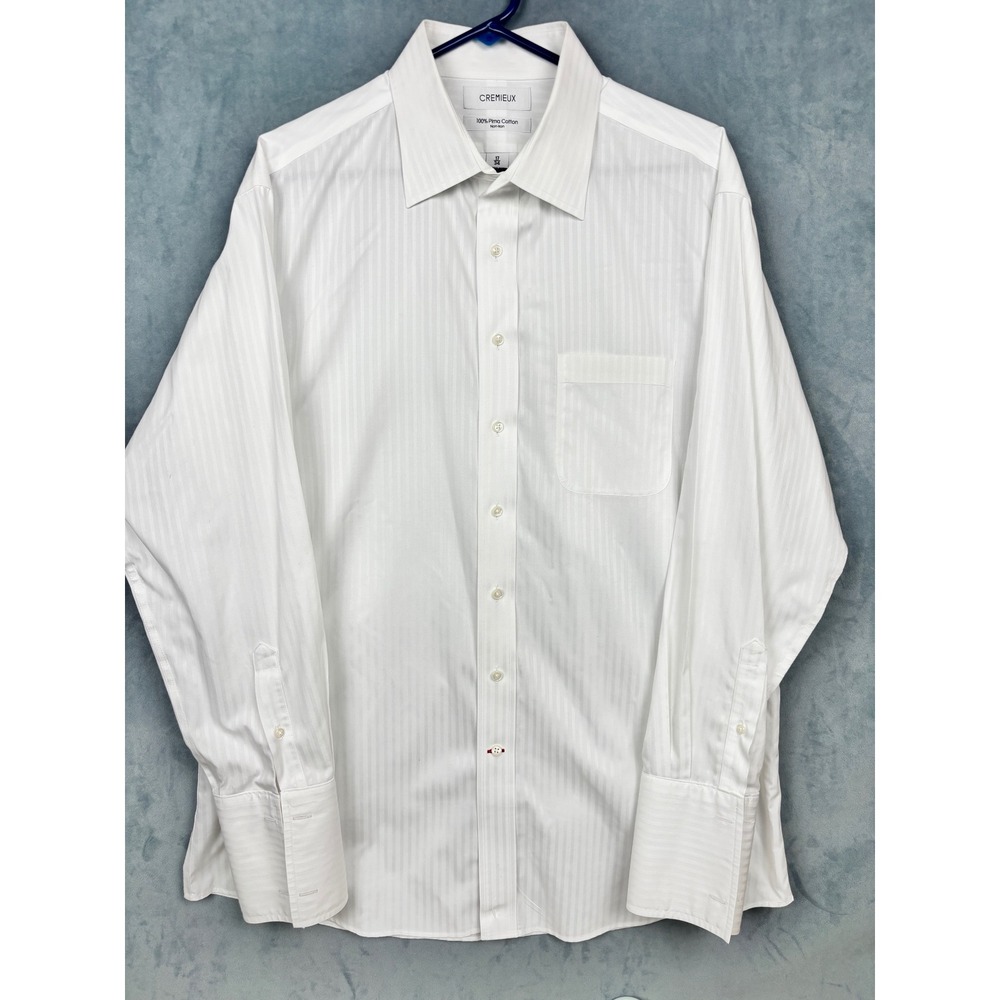 Cremieux Mens 17 34 White Striped Pima Cotton Non-Iron French Cuff Dress Shirt